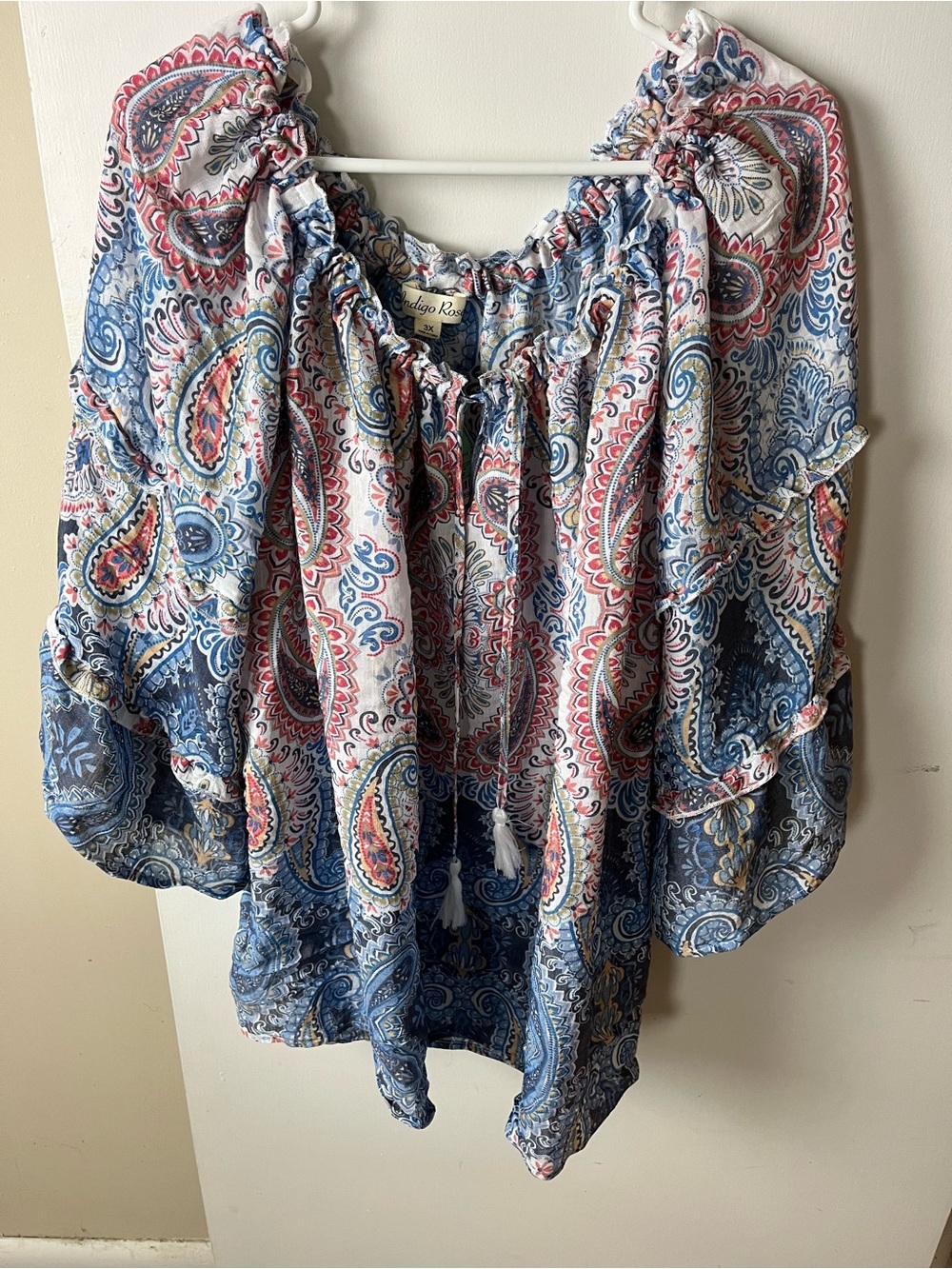 Paisley Tie-Front Peasant Blouse in Blue & Pink
